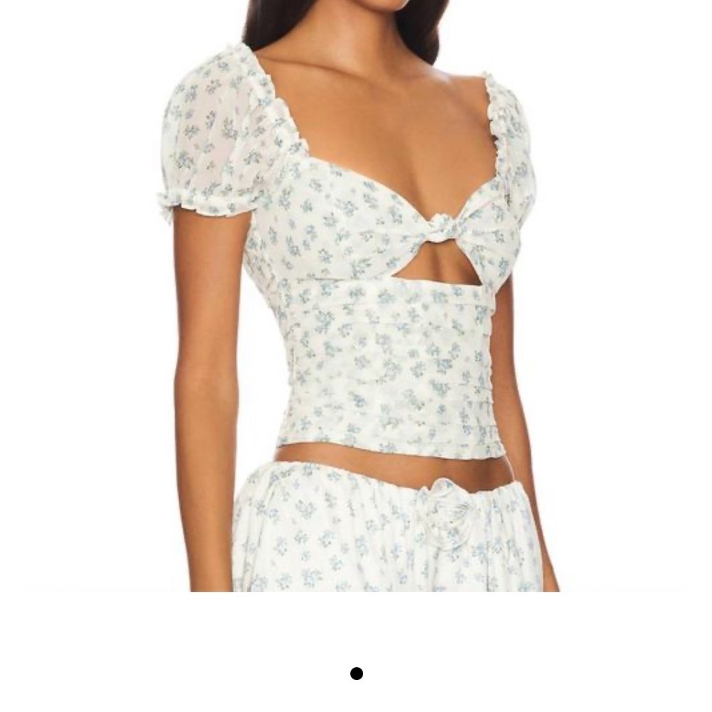 For Love And Lemons Chateau Puff Sleeve Floral Top Cream Blue Size Small